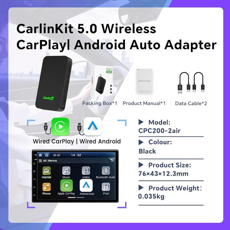 CarlinKit 5.0 Wireless CarPlay Adapter Converts Wired CarPlay to W ireless/Wired Android Auto to W ireless