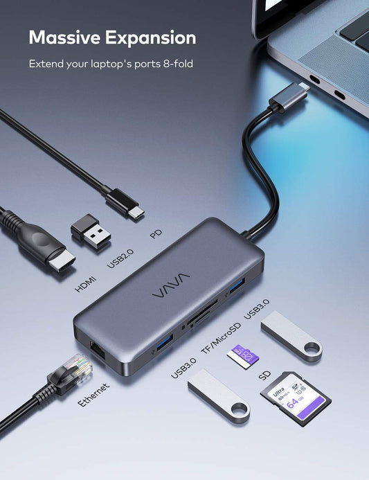 VAVA 8-in-1 USB-C Hub
Model: VA-UC010 4k UHD HDMI® output
High resolution USB C to HDMI® adapter
Fast data transfer USB C dock