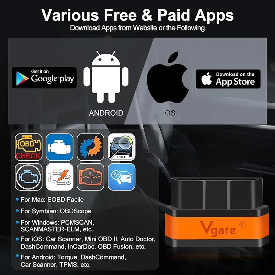 Vgate iCar2 BLE 4.0 OBD2 Bluetooth Adapter Auto Scanner Car Diagnostic Tools Engine System Diagnostic Tools for Android/IOS (Black/Orange)