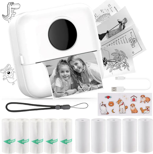 HuiJuKeJi Mini Sticker Printer Bluetooth Smart Pocket Inkless Thermal Printer with 11 Rolls Thermal Paper and Sticker for iOS&Android Print Pod, Portable Receipt Printer for Photo Journal Notes Memo