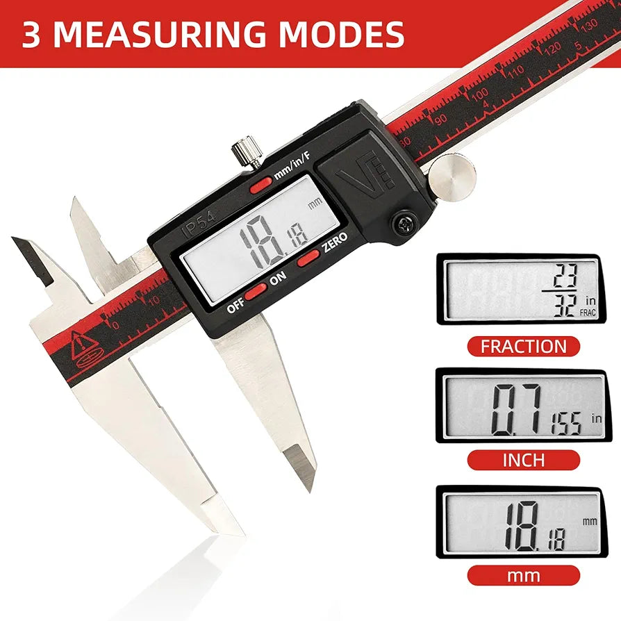 VINCA IP54 Grade Digital Caliper, DCLA-0805 8 Inch/200mm, Inch/Millimeter/Fractions Conversion, Stainless Steel, Large LCD Screen