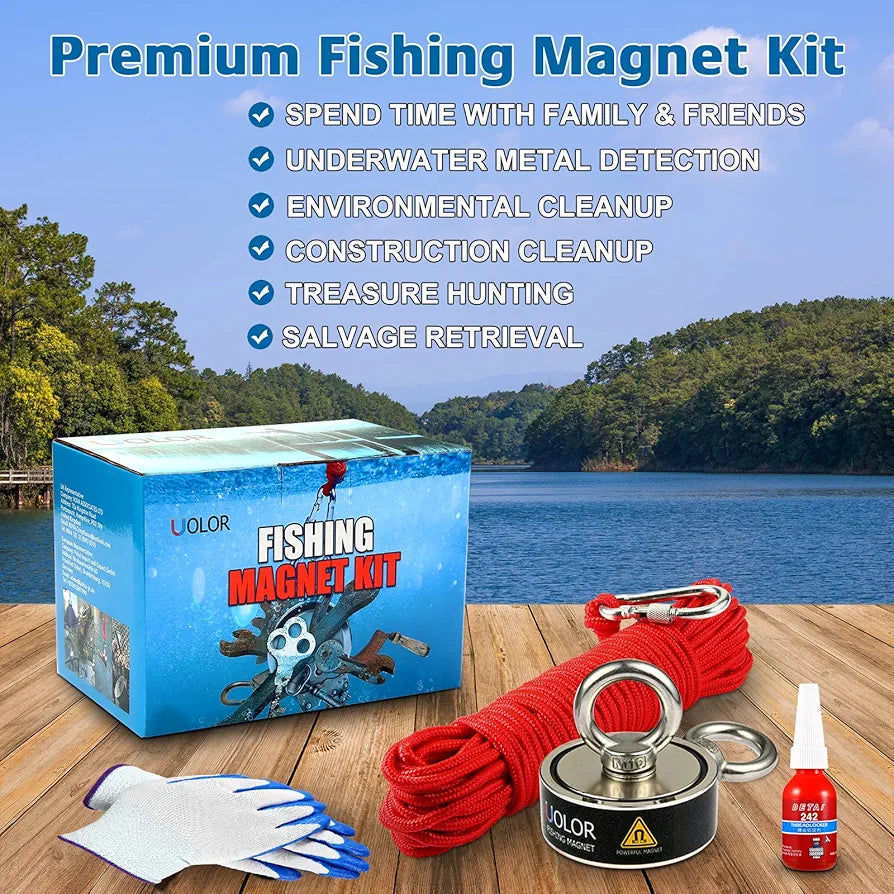 300KG Pull Force Double Sided Complete Fishing Magnet Kit for Magnet Fishing - Includes 20M Rope with Carabiner, Gloves, Threadlocker for Retrieving Items in River, Lake, Beach, Lawn
