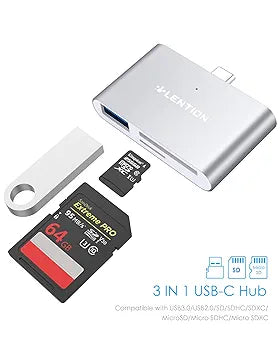 LENTION USB C to SD/Micro SD Card Reader with USB 3.0 Adapter Compatible 2023-2016 MacBook Pro, New iPad Pro/Mac Air, Surface, Phone/Tablet, More, Stable Driver Certified (CB-CS15, Silver)