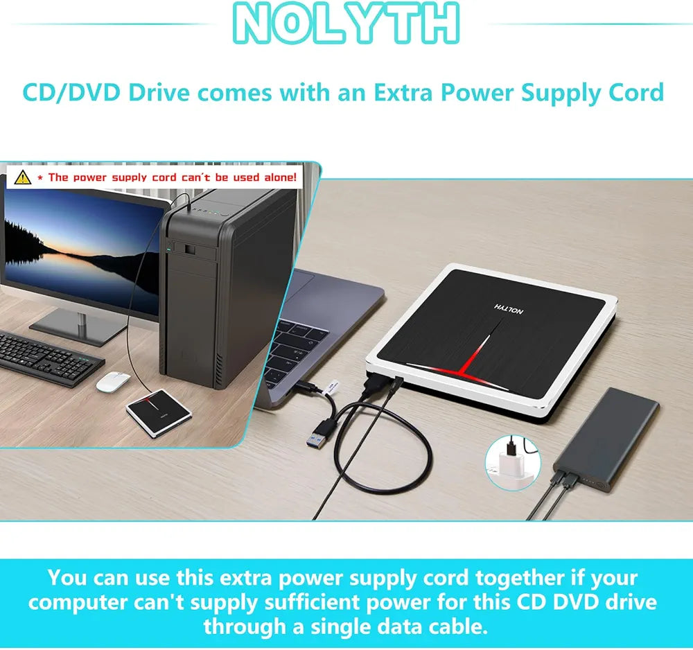 NOLYTH External DVD Drive, CD Drive External USB, DVD Drive External with SD TF 2 USB Ports, Portable External Optical Drives, DVD Burner, External CD Drive External for Laptop, Mac, PC, Windows