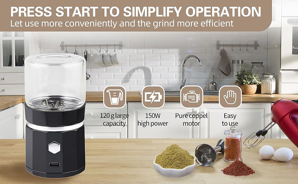 Electric Grinder spice grinder Herb Grinder - Compact and Efficient with USB Rechargeable Battery - 1.7oz Glass Spice Chamber - Premium Quality