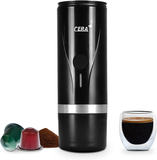 CERA+ Portable Espresso Machine One Key Self-Heating 12V Car Cigarette Lighter Coffee Maker Compatible with NS Capsule & Ground Coffee for Camping, Travel, RV
