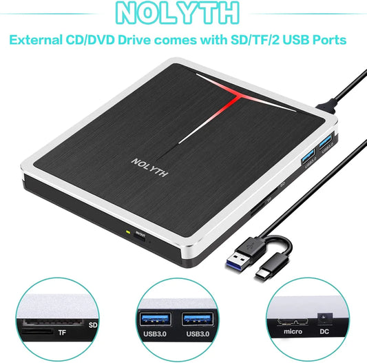 NOLYTH External DVD Drive, CD Drive External USB, DVD Drive External with SD TF 2 USB Ports, Portable External Optical Drives, DVD Burner, External CD Drive External for Laptop, Mac, PC, Windows