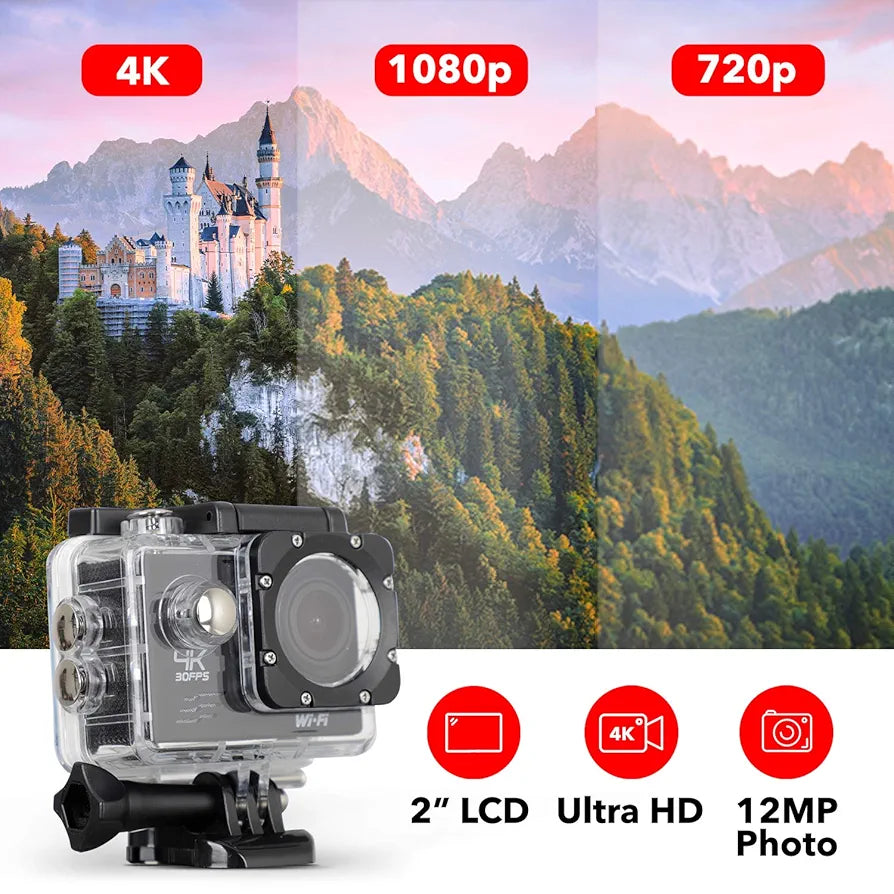 SNAPSHOT Action Camera 4K Underwater - 12MP HD Waterproof Video Cameras | 170 Degree Wide Angle Lens, 98FT, 90 Minute Battery | Sports Body Cam and Helmet Accessories Kit (Black)