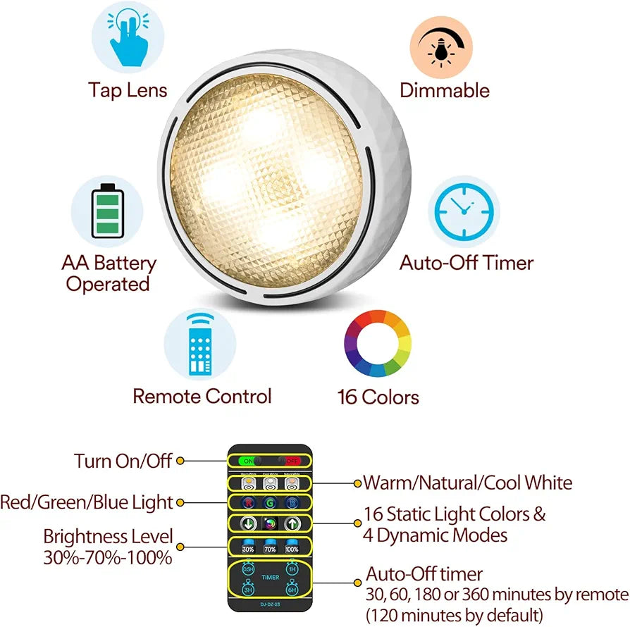 LED Puck Lights with Remote Control, Battery Operated Wireless Closet Light, Under Cabinet Lights Stick on Tap Light, Color Changing Under Counter Light for Kitchen, 2 Pack - White