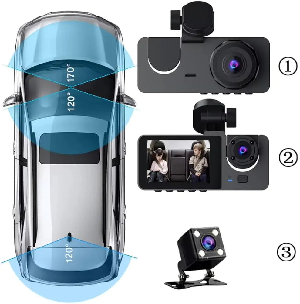 Triple Dash Camera Front, Cabin & Rear 170° Ultra Wide Angle  Night Vision