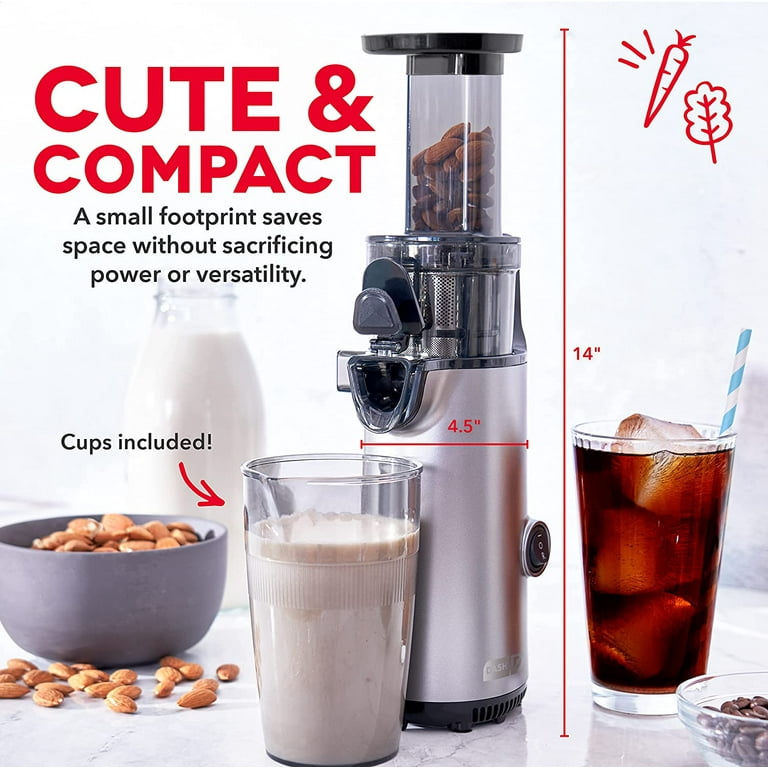 Dash DCSJ255 Deluxe Compact Power Slow Masticating Extractor Easy to Clean, Cold Press Juicer with Brush, Pulp Measuring Cup, Frozen Attachment and Juice Recipe Guide,