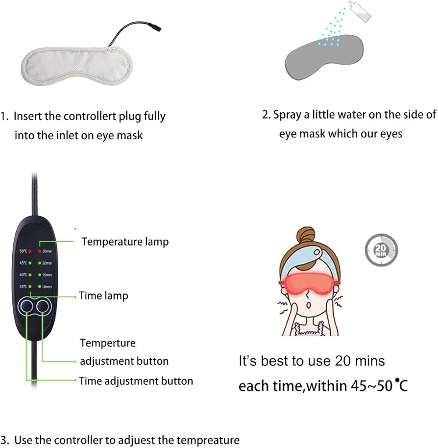 Heated Eye mask - VINDAR Cotton Eye Mask, Warming Night Massage Mask, Electric USB Heated Hot Pads, Adjustable Temperature Control, Designed to Relieve for Blepharitis, Dry, Stress, Puffy Eyes