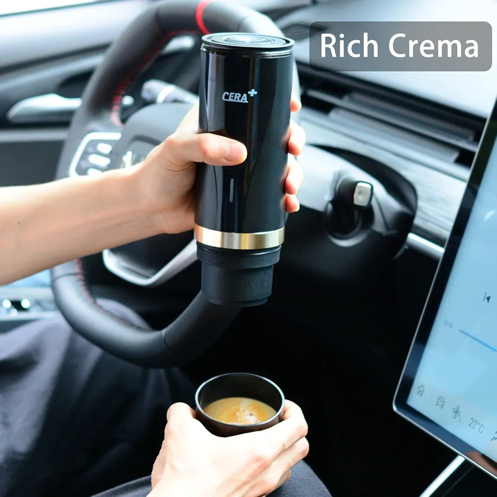 CERA+ Portable Espresso Machine One Key Self-Heating 12V Car Cigarette Lighter Coffee Maker Compatible with NS Capsule & Ground Coffee for Camping, Travel, RV