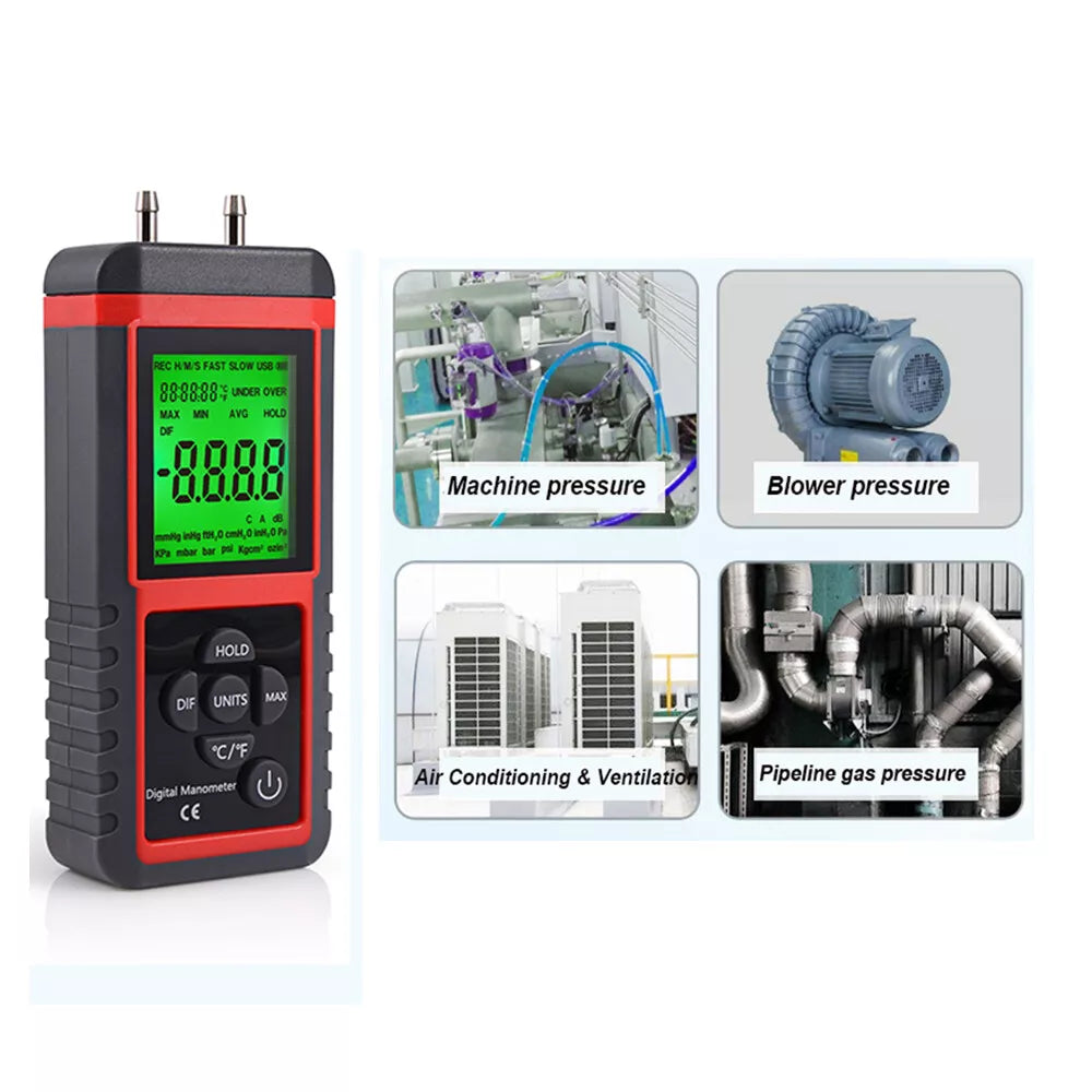 LCD Digital Manometer Differential Pressure Gauge Gas Air Pressure Meter 12 Unit