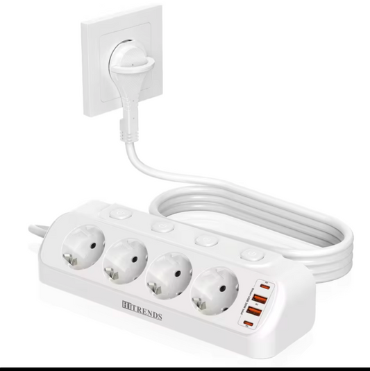 Table Socket with4Switches, USB-C PD20W Fast Charge, 2M Cable, White