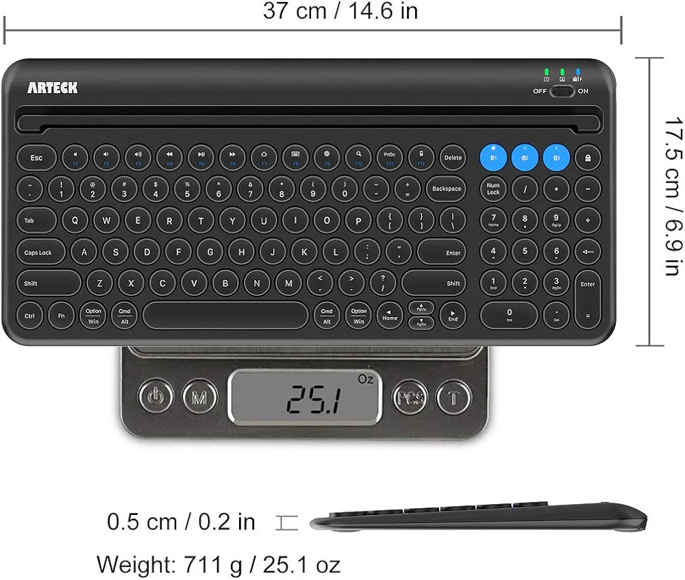 Arteck Wireless Bluetooth Keyboard for Windows, iOS, Android, Computer, Laptop, Smartphone - Multi-Functional with Built-in Cradle