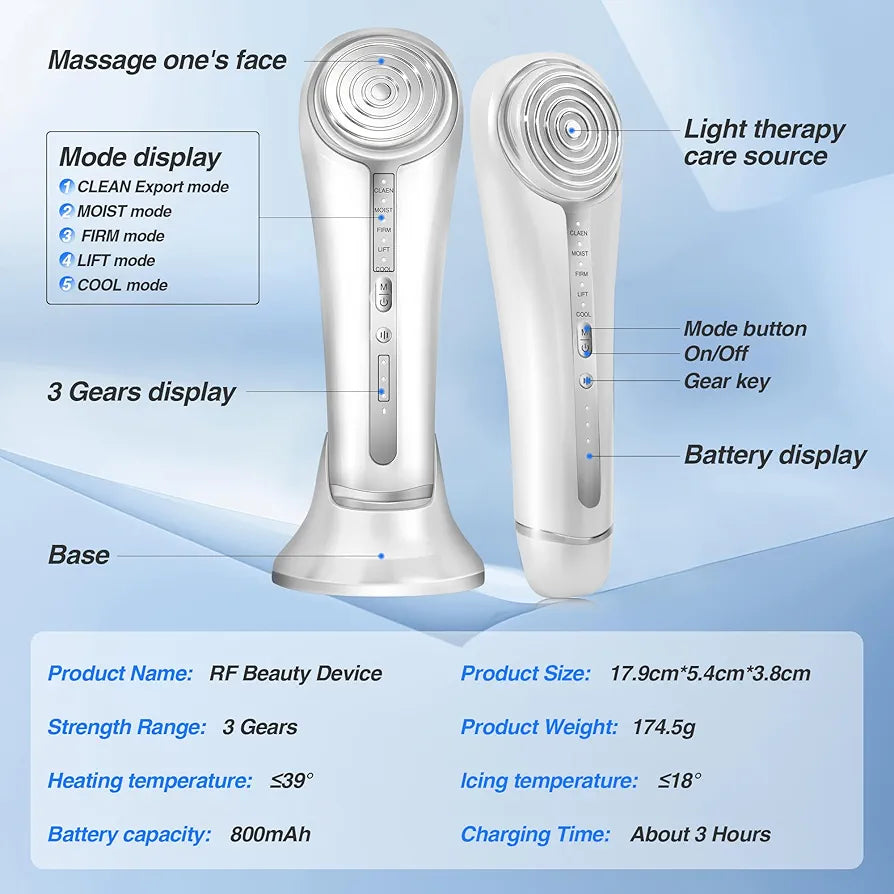 Microcurrent Facial Device, Facial Massager, 6 in 1 Home Use Skin Tightening Machine Light Therapy for Face Eye Neck Lifting, White