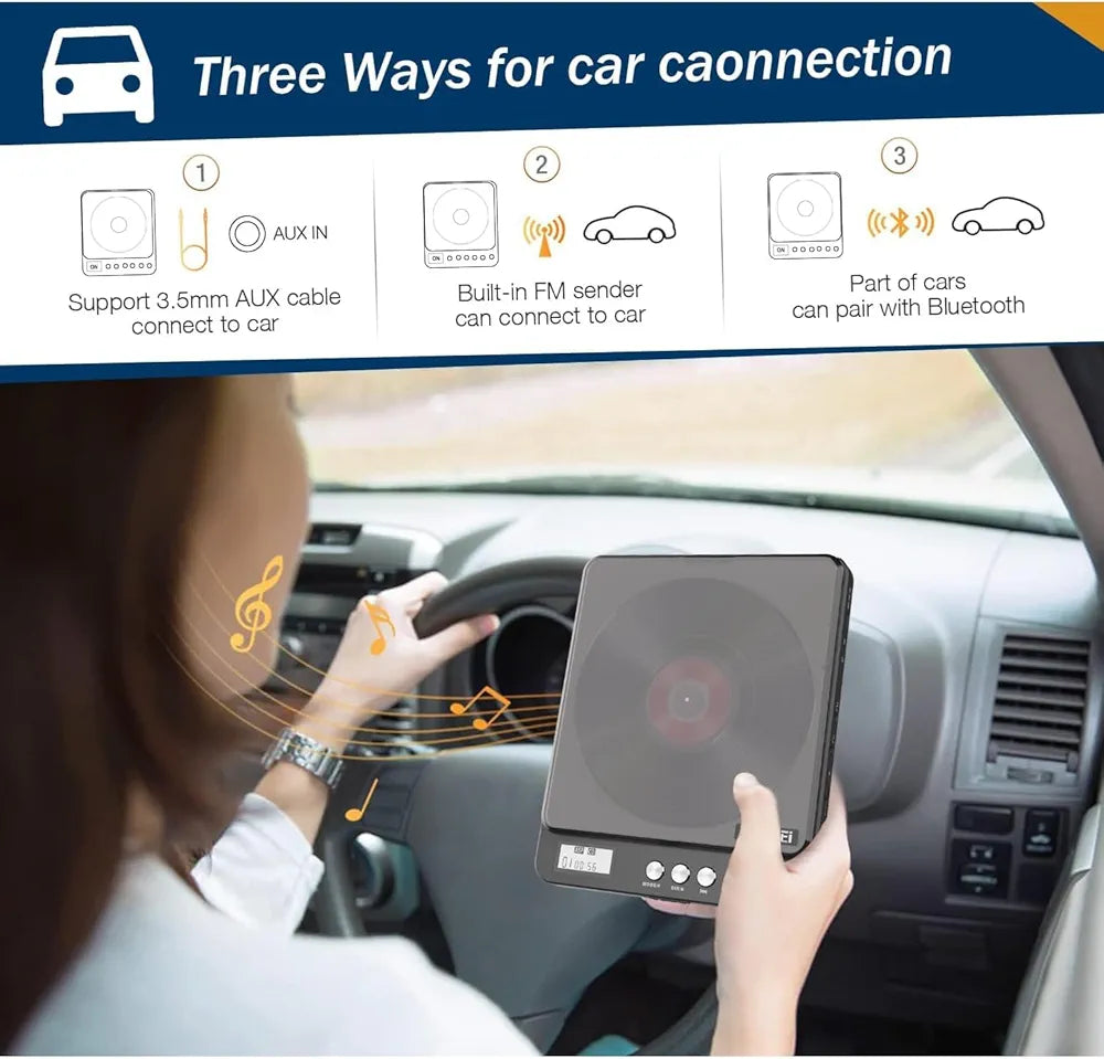 Bluetooth Portable CD Player with Built-in Speakers, 2000mAh Rechargeable Bluetooth CD Players Portable 3.5mm Double Headphone Jack, Discman Personal CD Player for Car Home Travel