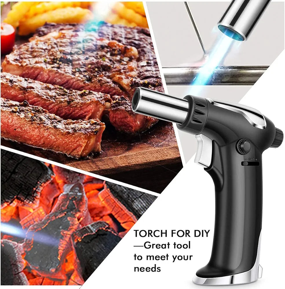 Vimzone Butane Torch, Blow Torch Refillable Kitchen Culinary Torch Lighter with Lock and Adjustable Flame for BBQ, Baking, Brulee Creme and Desserts(Butane Gas Not Included) (Black)