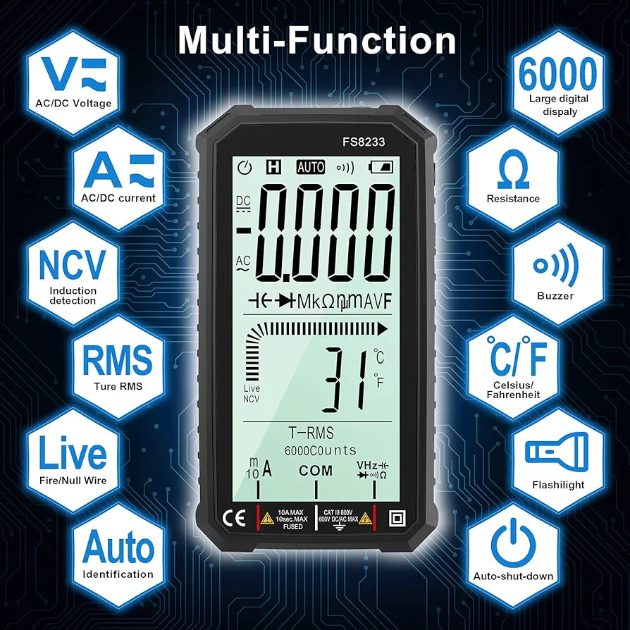 LCD Digital Multimeter 4.7 Inch TRMS 6000 Counts Voltmeter Auto-Ranging Fast Measures Voltage Current Amp Resistance Diodes Continuity Duty-Cycle Capacitance Temperature for Automotive