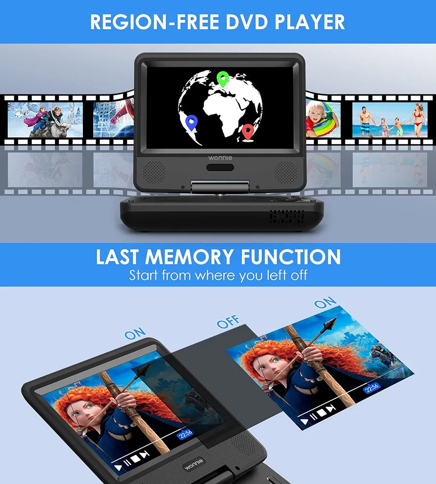 WONNIE 9.5" Portable DVD Player for Kids and Car with 7.5" Swivel Screen, 4-6 Hours Rechargeable Battery, All Regions, AV in/Out, Support USB/SD Card/Sync TV
