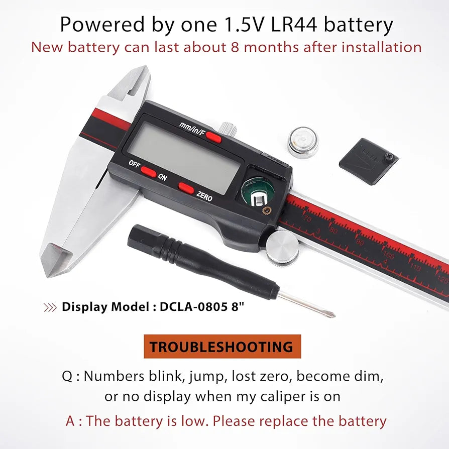VINCA IP54 Grade Digital Caliper, DCLA-0805 8 Inch/200mm, Inch/Millimeter/Fractions Conversion, Stainless Steel, Large LCD Screen