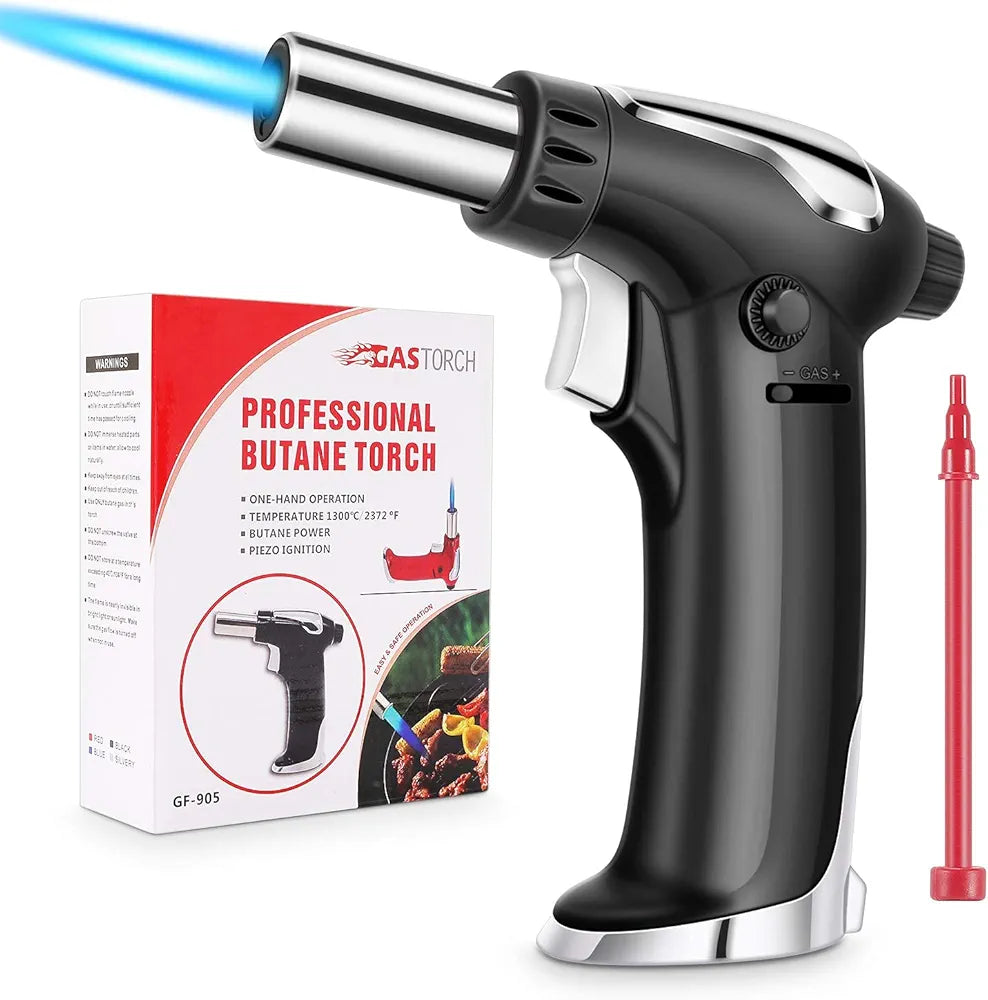 Vimzone Butane Torch, Blow Torch Refillable Kitchen Culinary Torch Lighter with Lock and Adjustable Flame for BBQ, Baking, Brulee Creme and Desserts(Butane Gas Not Included) (Black)