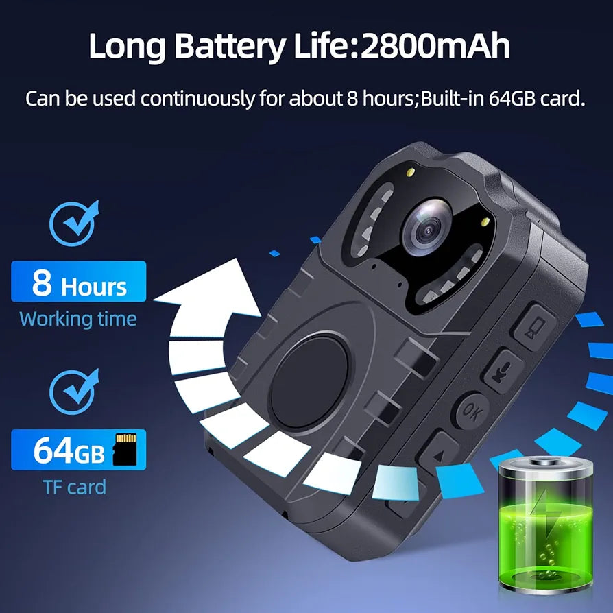 CAMMHD 1296P Body Cam, Body Worn Camera, Waterproof Police Camera with 2 Inch Display,170° Wide Angle,HD Night Vision Professional Portable Chest Recorder