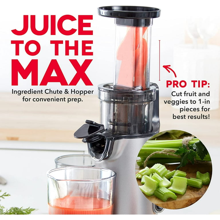Dash DCSJ255 Deluxe Compact Power Slow Masticating Extractor Easy to Clean, Cold Press Juicer with Brush, Pulp Measuring Cup, Frozen Attachment and Juice Recipe Guide,