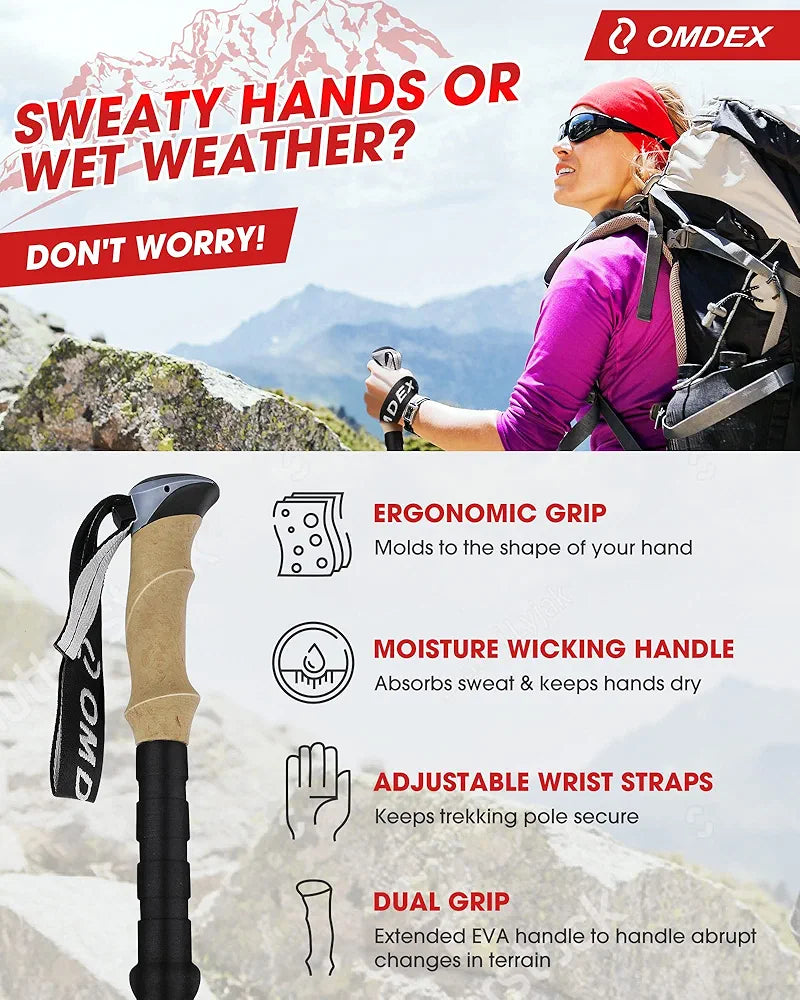 Trekking Poles for Hiking Collapsible - OMDEX Upgrade Ultralight Folding Aluminum Alloy 7075 Hiking Pole Pairs, Hiking Sticks Lightweight with Quick Lock System, Foldable Walking Sticks for Men Women