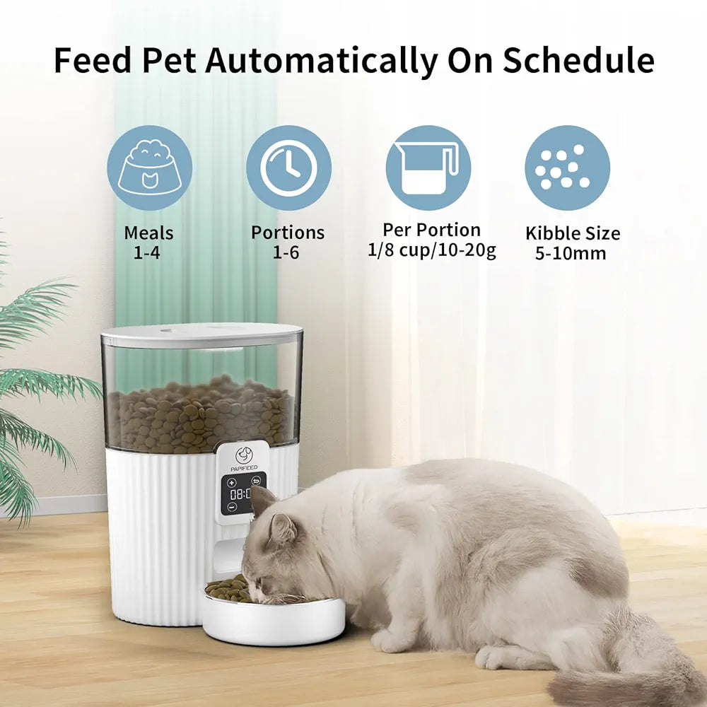 PAPIFEED Timed Automatic Cat Feeders Smart Dry Food Dispenser with Stainless Steel Bowl, Programmable Portion Control Auto Feeder, Outdoor Battery Operated Up to 30 Days, for Cats & Small Dogs