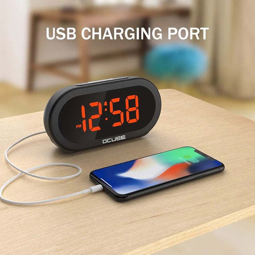Digital Alarm Clock, Bedside Clock with 5 Optional Alarm Sounds, 0-100% Dimmer, Adjustable Alarm Volume, Easy to Use, USB Charger, Big Digit Display, Snooze, 12/24Hr, Mains Powered(Black)