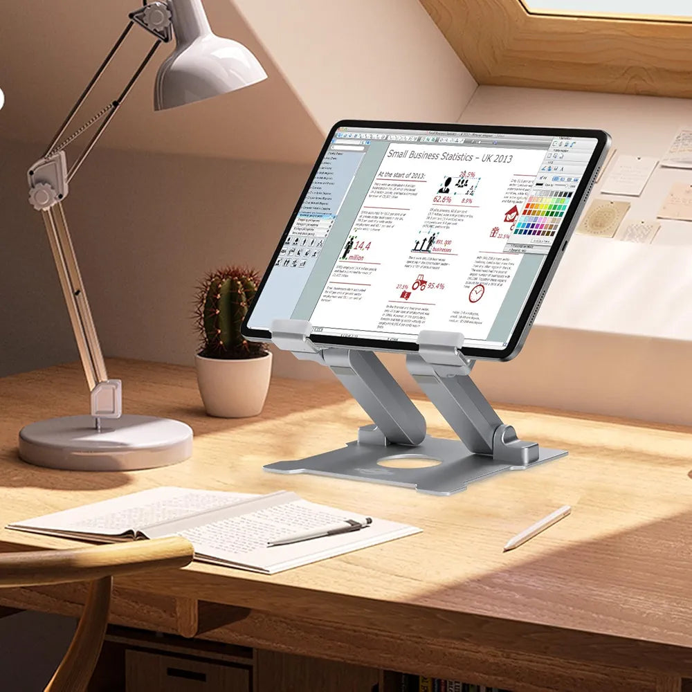 KABCON Quality Tablet Stand,Adjustable Foldable Eye-Level Aluminum Solid Up to 15-in Tablets Holder for Microsoft Surface Series Tablets,iPad Series,Samsung Galaxy Tabs,Amazon Kindle Fire,Etc.Silver/Grey