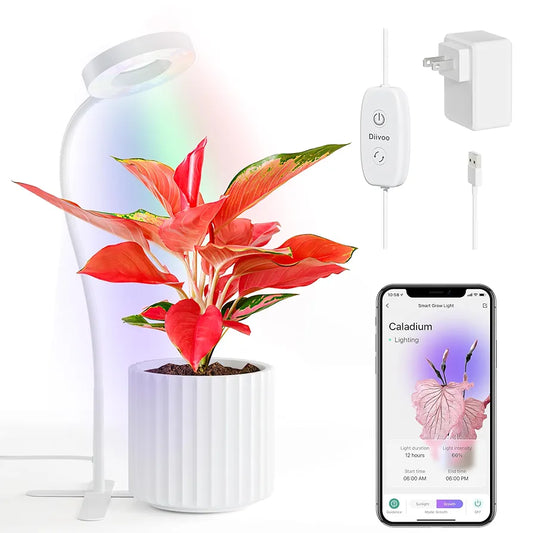 Diivoo Smart Grow Light for Indoor Plant Full Spectrum, Bluetooth LED Growing Lamp for Small Herb Garden, Automatic Timer, Stepless Dimming, Height Adjustable
