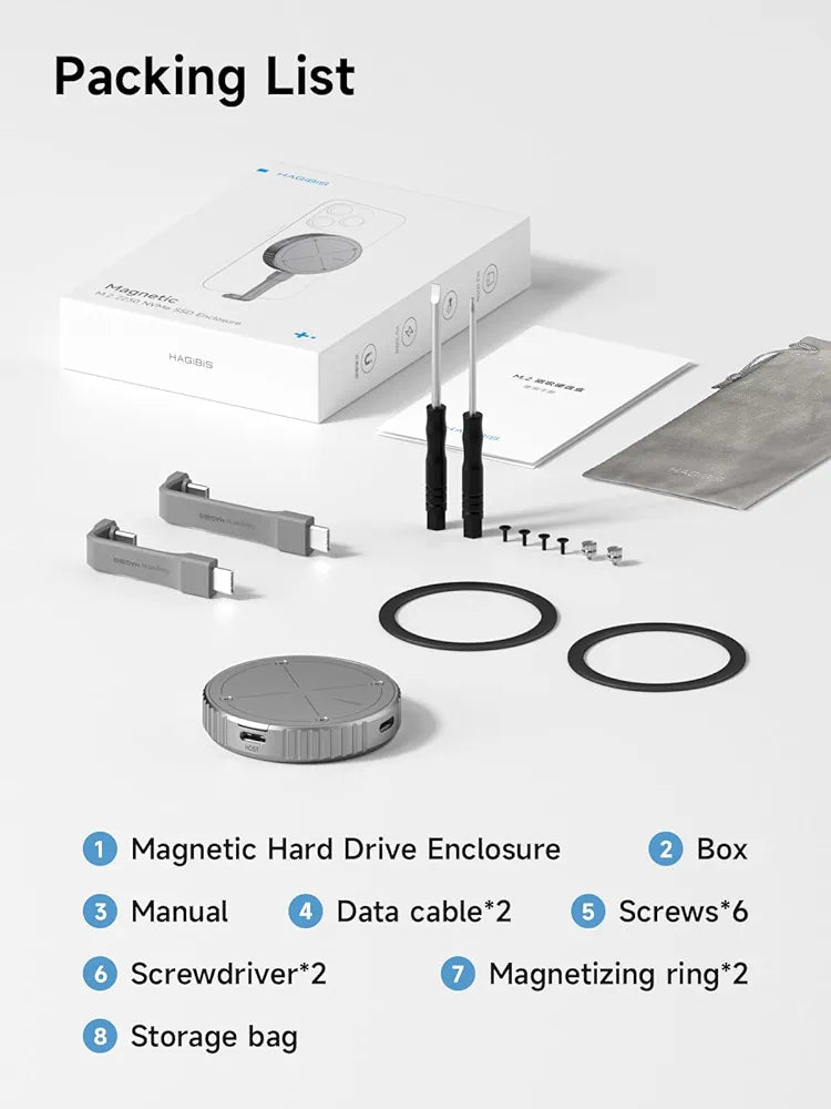 Hagibis Magnetic M.2 2230 NVMe SSD Enclosure with Magsafe for iPhone 16 15 Pro Max ProRes, USB C 3.2 Gen2 10Gbps to NVMe Adapter, Aluminum External SSD Case for MacBook, iPad Pro, Android (MC100)