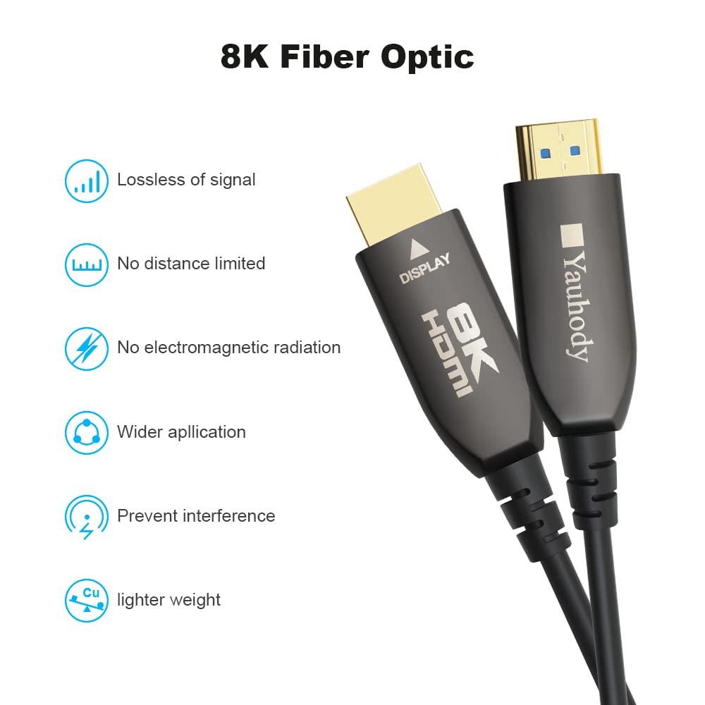 Yauhody Real 8K HDMI Fiber Optic Cable 50ft, Ultra High Speed 48Gbps HDMI 2.1 Over Fiber, Supports 10K, 8K@60Hz, 4K@144Hz/120Hz/60Hz, HDCP 2.2 & 2.3, 4:4:4, eARC, Dynamic HDR 10, 3D (50ft)