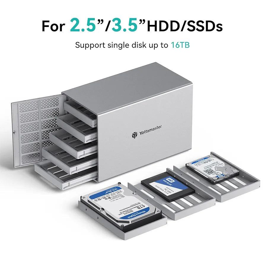 Yottamaster 5 Bay External Hard Drive Enclosure, Aluminum USB3.0 3.5" HDD Enclosure for 3.5 & 2.5 Inch SATA HDD/SSD, Support 90TB(5x18TB) Direct Attached Storage DAS, Non-RAID [PS500U3]