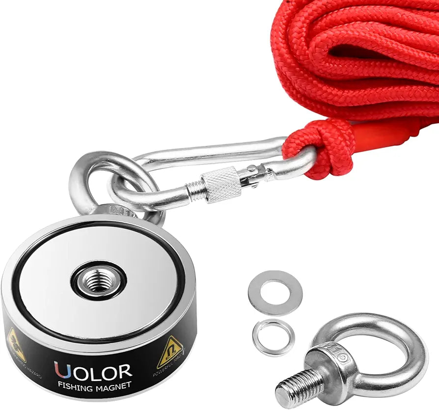 300KG Pull Force Double Sided Complete Fishing Magnet Kit for Magnet Fishing - Includes 20M Rope with Carabiner, Gloves, Threadlocker for Retrieving Items in River, Lake, Beach, Lawn