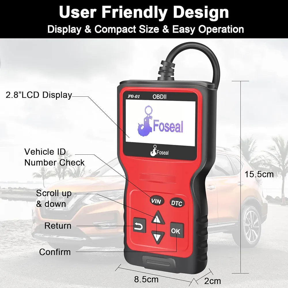 Foseal Wired Car OBD2 Scanner,Plug and Play Code Reader, Car Diagnostic Tool for OBDII Protocol Vehicles Since 1996