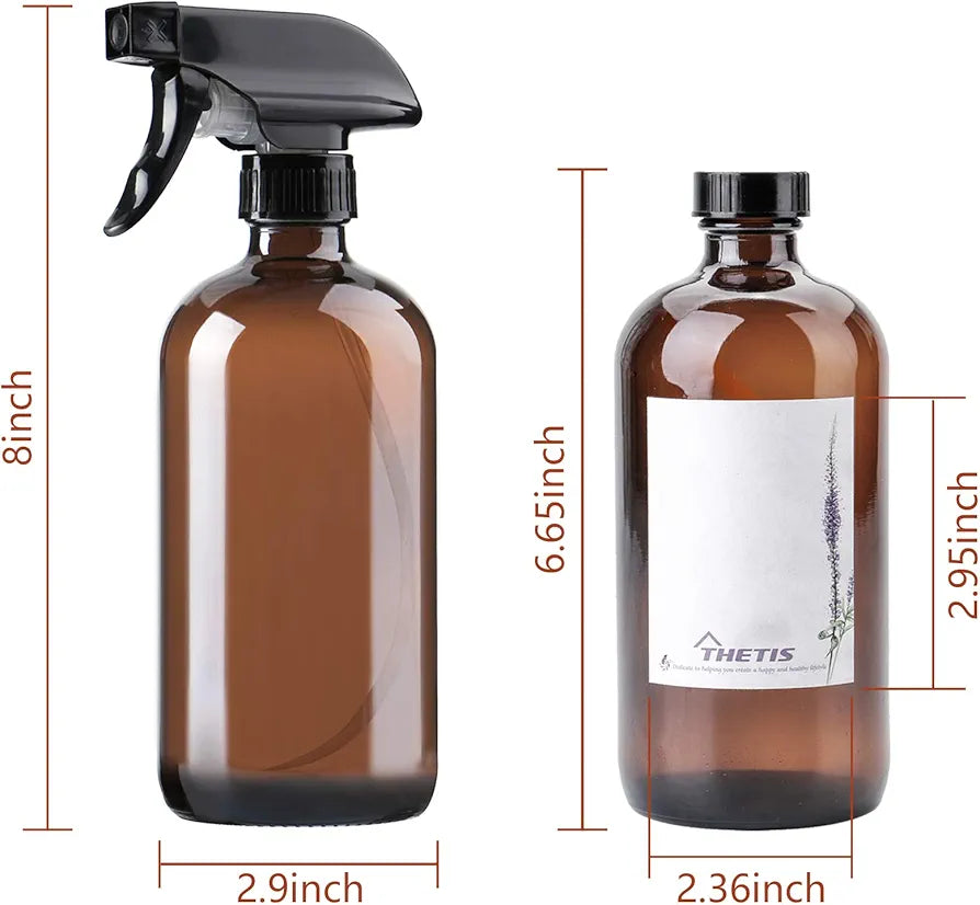 THETIS Homes Amber Glass Spray Bottle (3 Pack) Boston (16oz) - Refillable Container with Trigger Sprayers, Caps and lables, Glass Bottle for Essential Oils, Cleaning, Room Spritzers or Aromatherapy