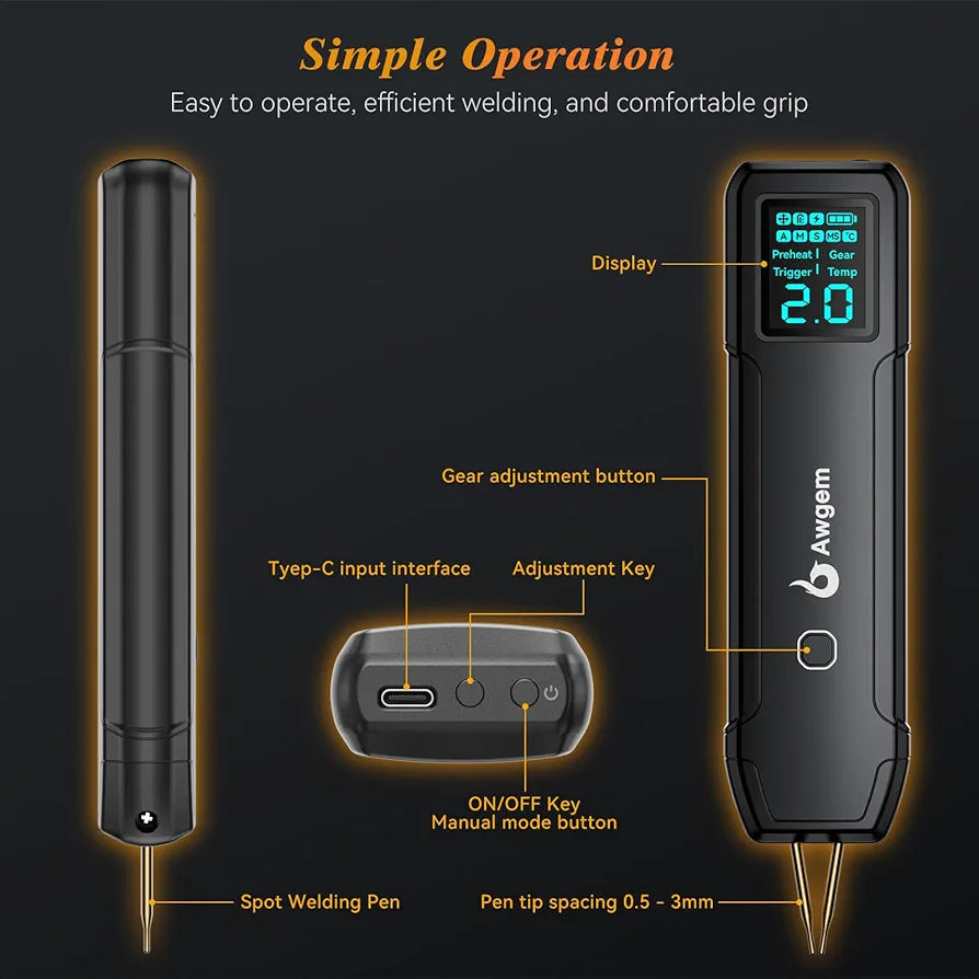 Awgem 99 Gear Handheld Spot Welder with LCD Screen Auto/Humanized Manual Modes, Portable Machine for Welding Nickel Strips and Iron