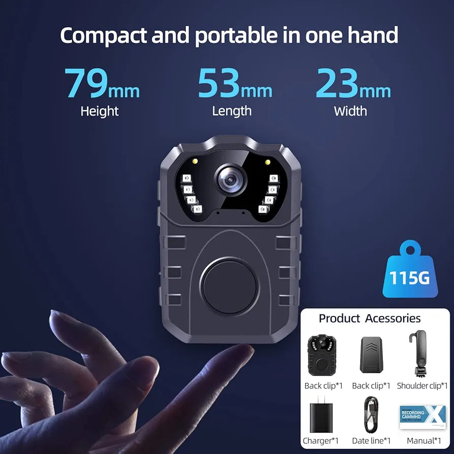 CAMMHD 1296P Body Cam, Body Worn Camera, Waterproof Police Camera with 2 Inch Display,170° Wide Angle,HD Night Vision Professional Portable Chest Recorder