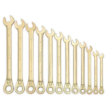 Offset Vintage 12 Pc. 6-Point Metric 15° G-Plating Reversible Non-Slip Long Pattern Ratcheting Combination Wrench Set (8-19 mm)