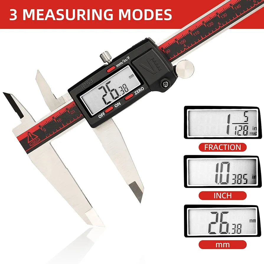 VINCA IP54 Grade Digital Caliper, DCLA-1205 12 Inch/300mm, Inch/Millimeter/Fraction Conversion, Stainless Steel, Large LCD Screen