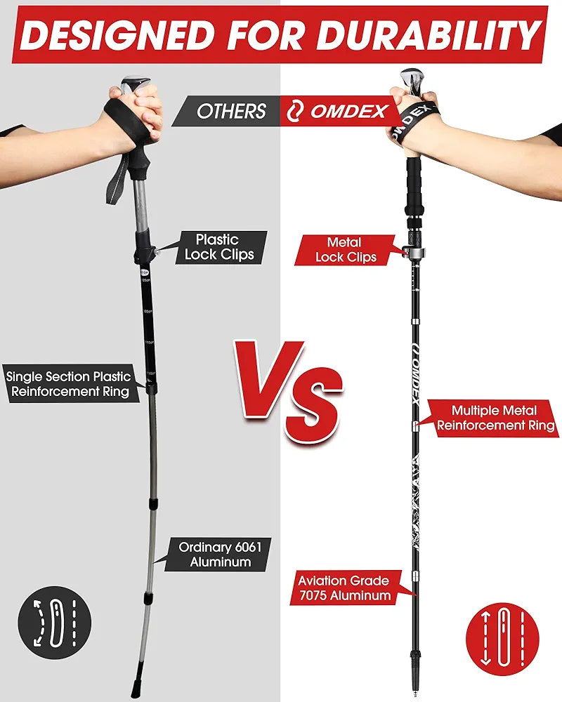 Trekking Poles for Hiking Collapsible - OMDEX Upgrade Ultralight Folding Aluminum Alloy 7075 Hiking Pole Pairs, Hiking Sticks Lightweight with Quick Lock System, Foldable Walking Sticks for Men Women