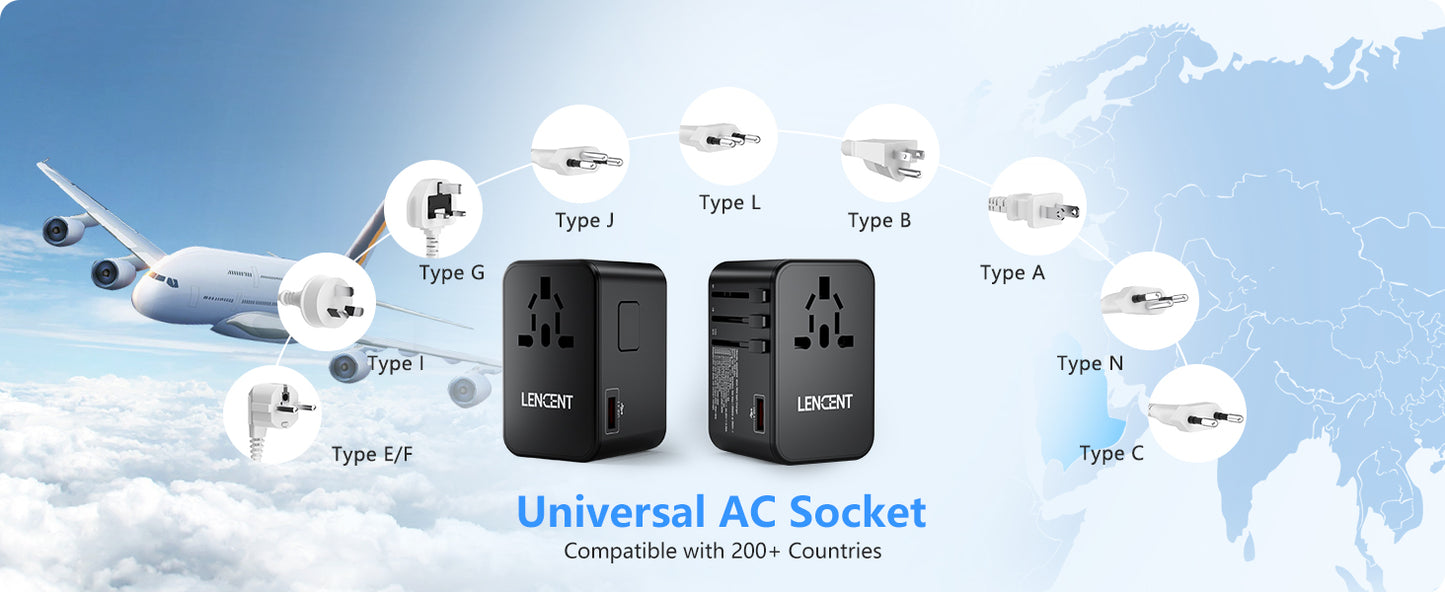 LENCENT 75W Universal Travel Adapter, 65W GaN International Fast Charger with 3 PD3.0 Type C+2 QC USB A, Worldwide Power Adaptor for Phones,Laptops, All in One Power Adapter for EU/USA/UK/AU