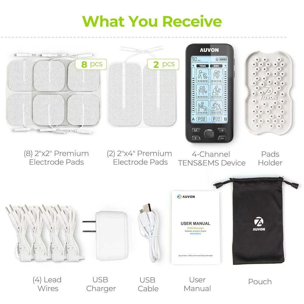 AUVON 4 Outputs TENS Unit EMS Muscle Stimulator Machine for Pain Relief Therapy with 24 Modes Electric Pulse Massager, 2" and 2"x4" Electrodes Pads, Black