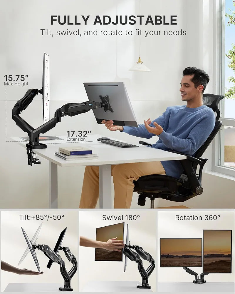 HUANUO Dual Monitor Stand - Full Adjustable Monitor Desk Mount Swivel Vesa Bracket with C Clamp, Steel Monitor Mount Reinforcement Plate for Thin, Glass and Other Fragile Tabletop