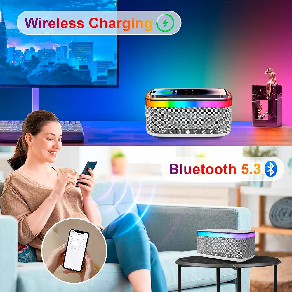 Multifunctional RGB Night Light Wireless Charging Station BT Speaker Digital Alarm Clock