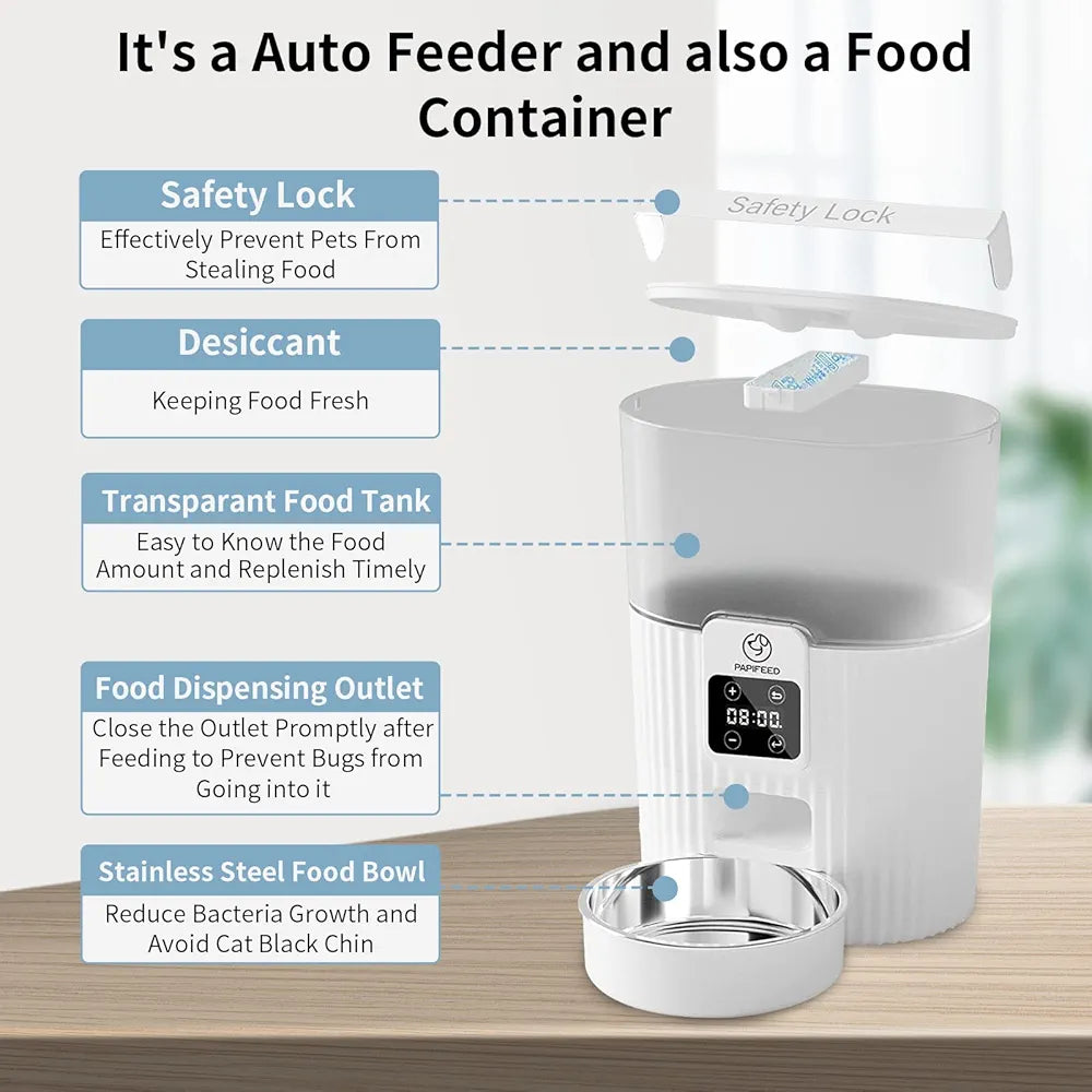PAPIFEED Timed Automatic Cat Feeders Smart Dry Food Dispenser with Stainless Steel Bowl, Programmable Portion Control Auto Feeder, Outdoor Battery Operated Up to 30 Days, for Cats & Small Dogs